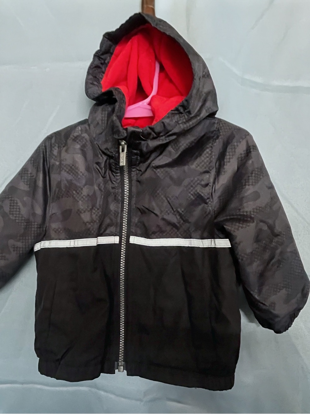 Carter's Hooded Puffer Jacket Black Camo Red Fleece Lined Full Zip 18M